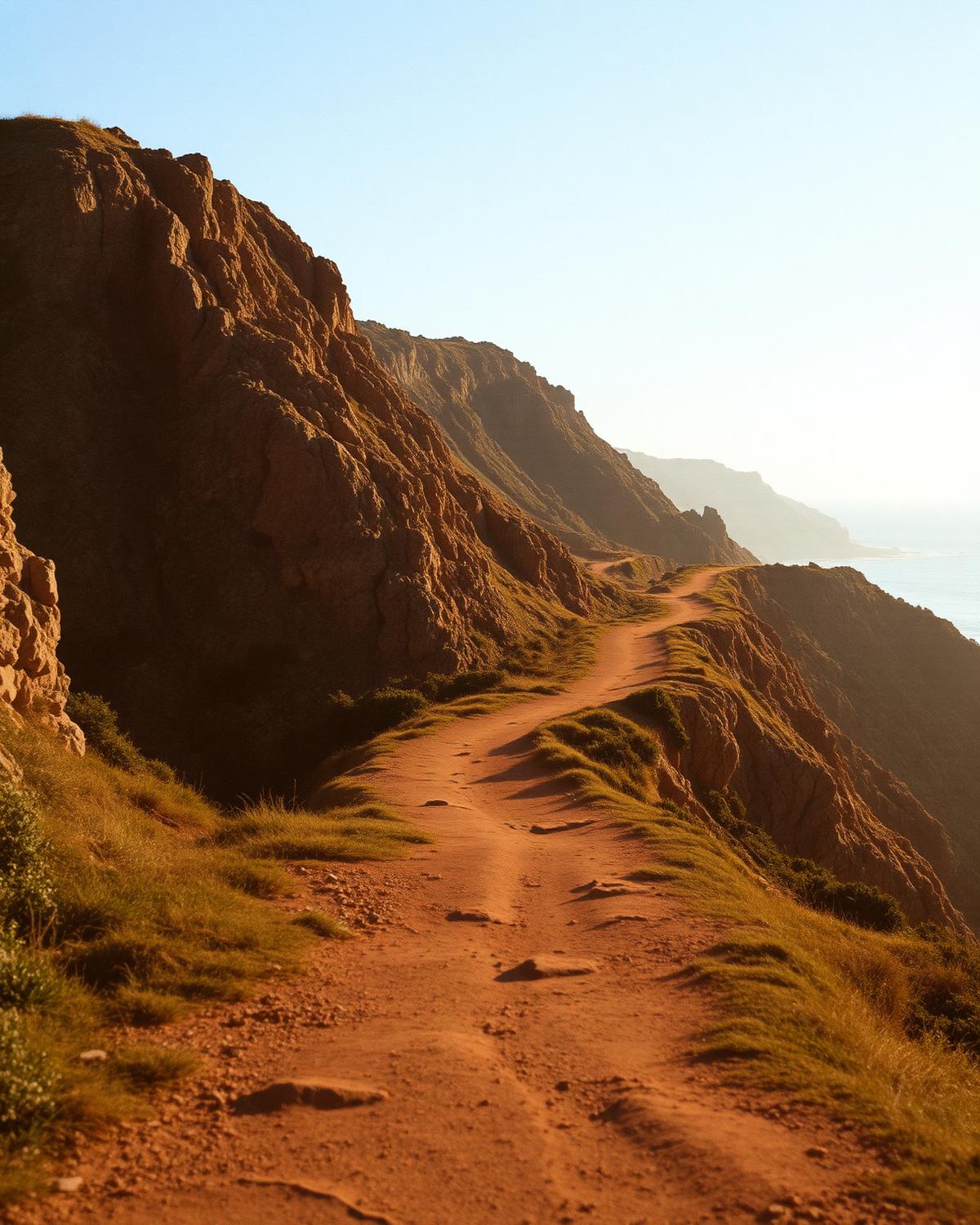 Empty coast path above the Atlantic near Cascais in early morning light