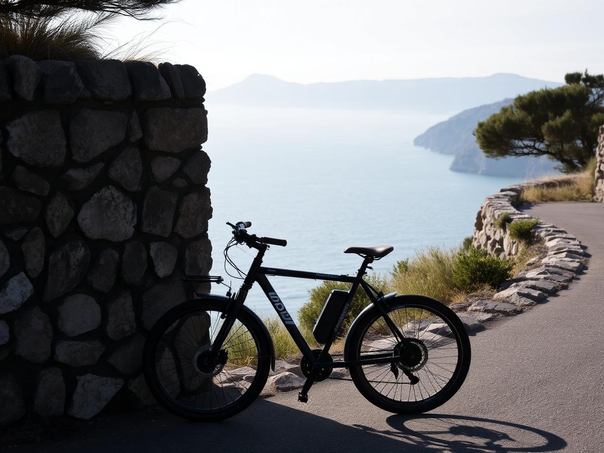 An e-bike leaning on a stone wall on the coast road above the Atlantic